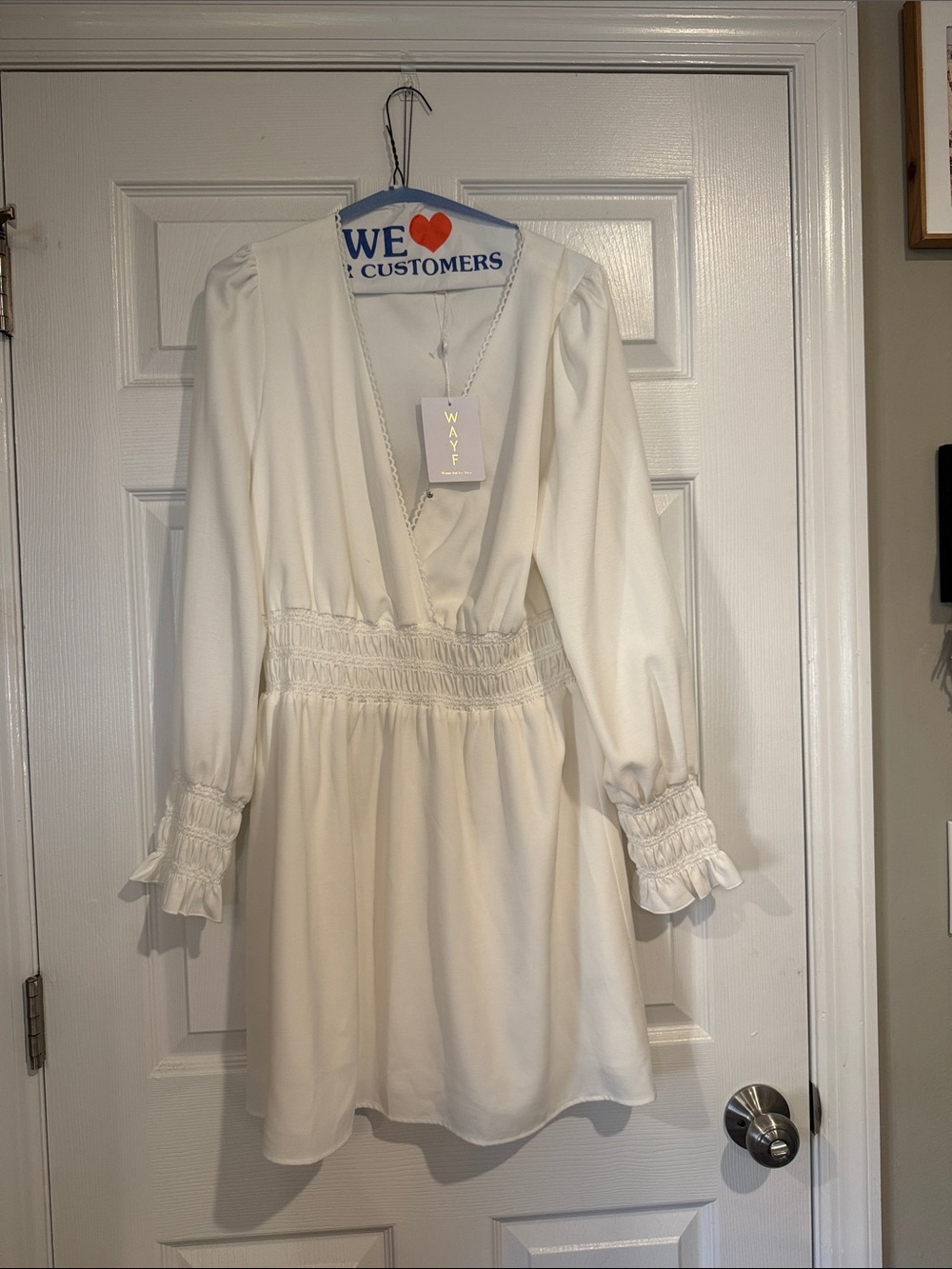 Wayf Ivory Long Sleeve Smocked Waist Mini Dress